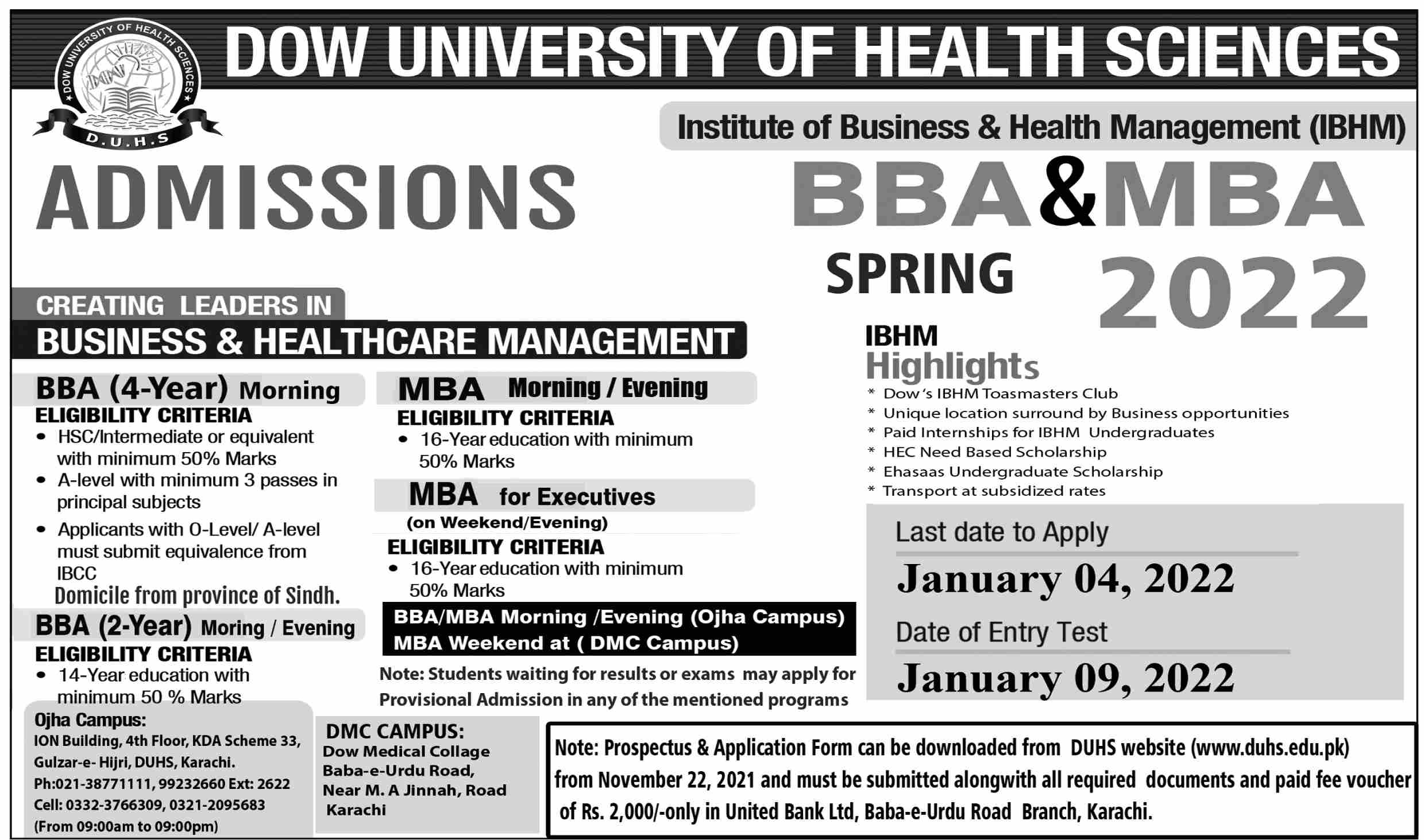 DUHS Karachi BBA & MBA Admissions Spring 2022