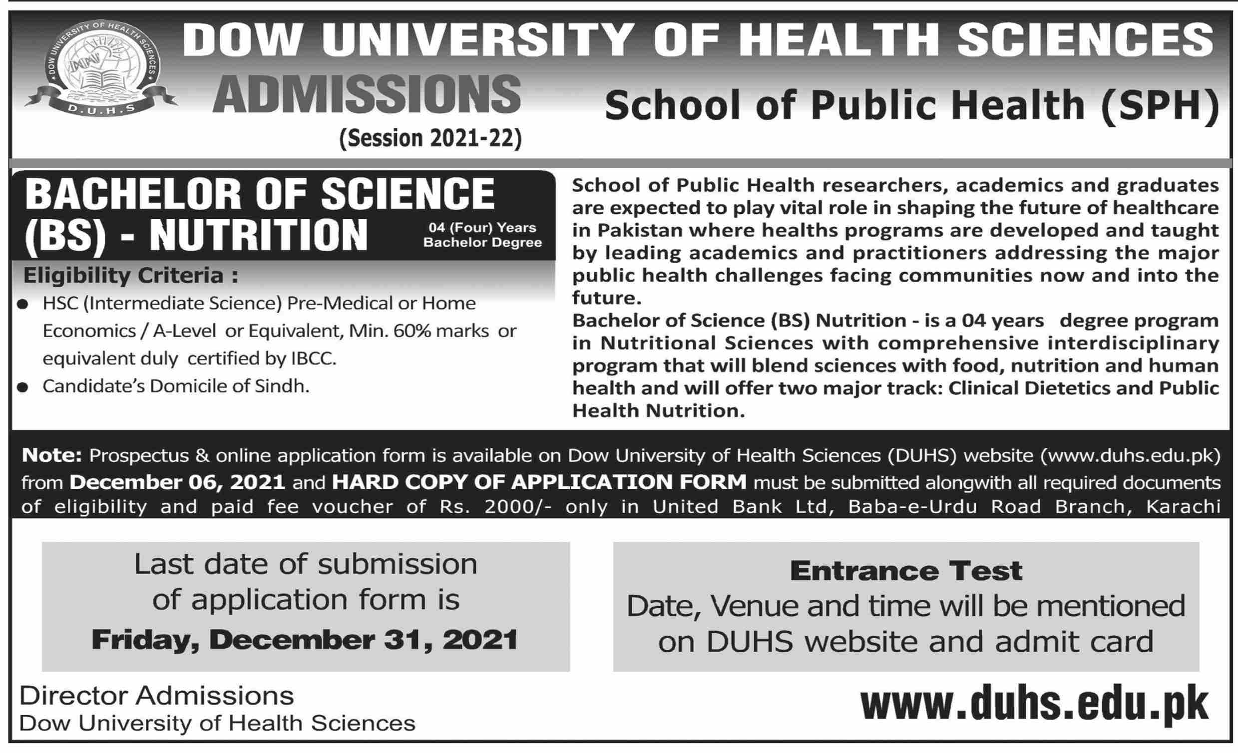  Dow University of Health Sciences DUHS Karachi BS Nutrition Admissions 2021-2022
