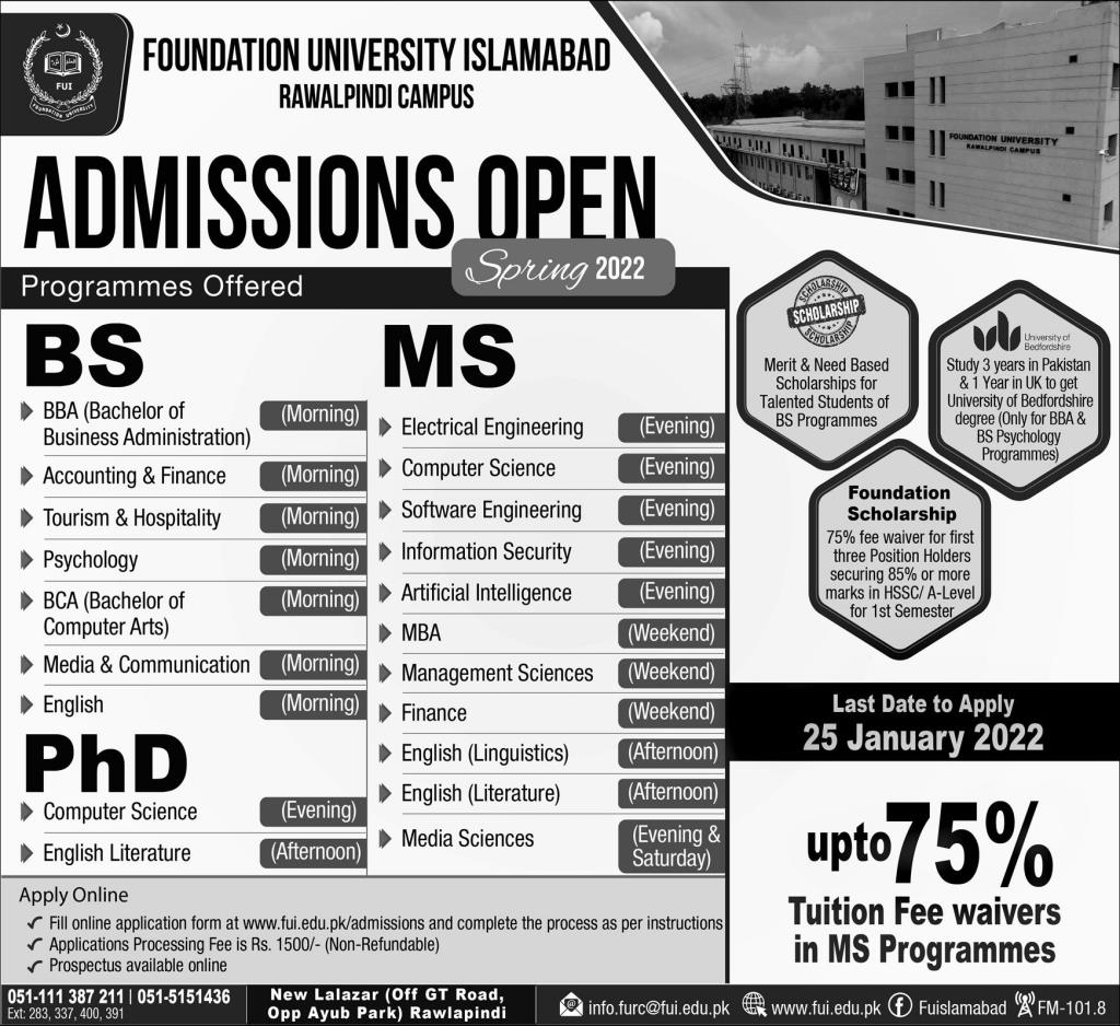 Foundation Uni Islamabad BS MS PhD Admissions Spring 2022