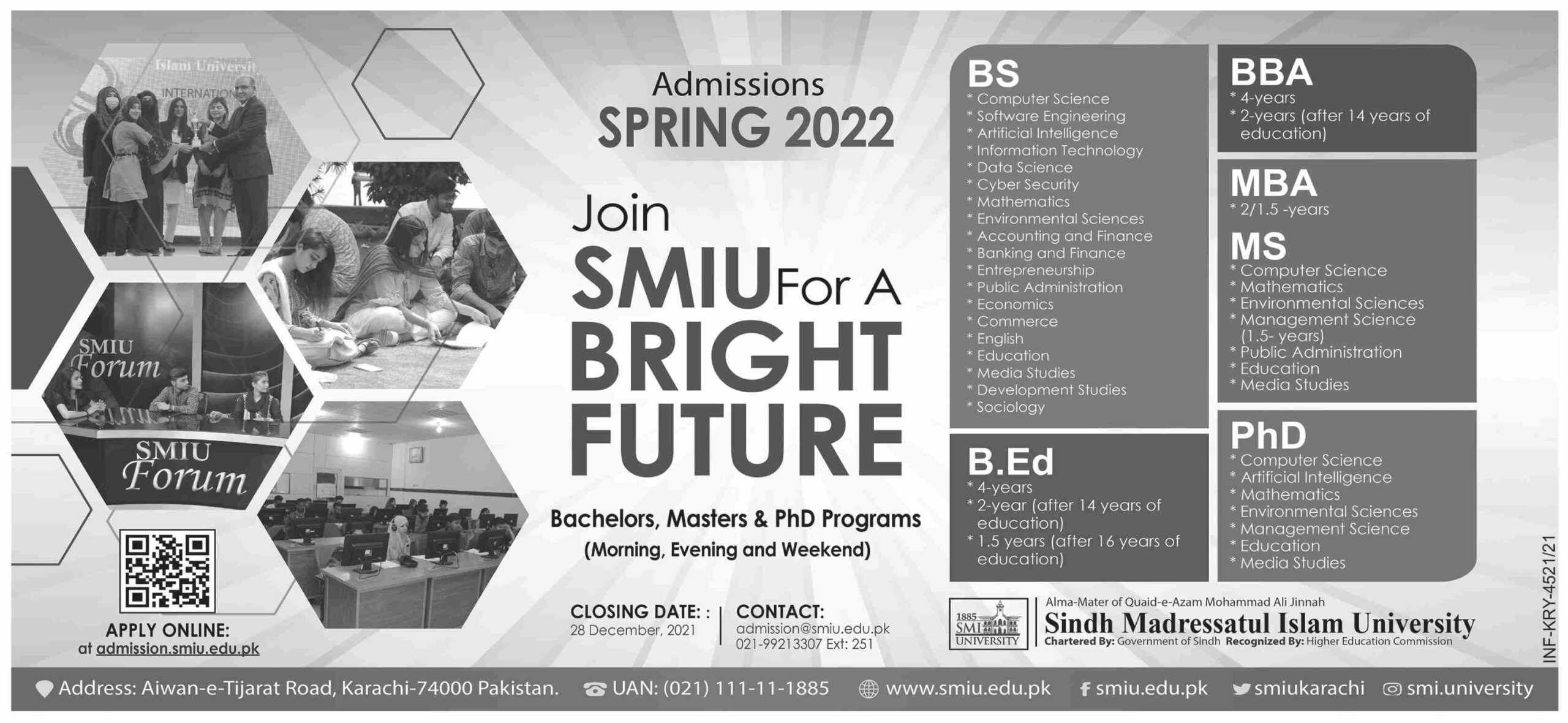  SMIU Karachi Undergraduate & Postgraduate Admissions 2022