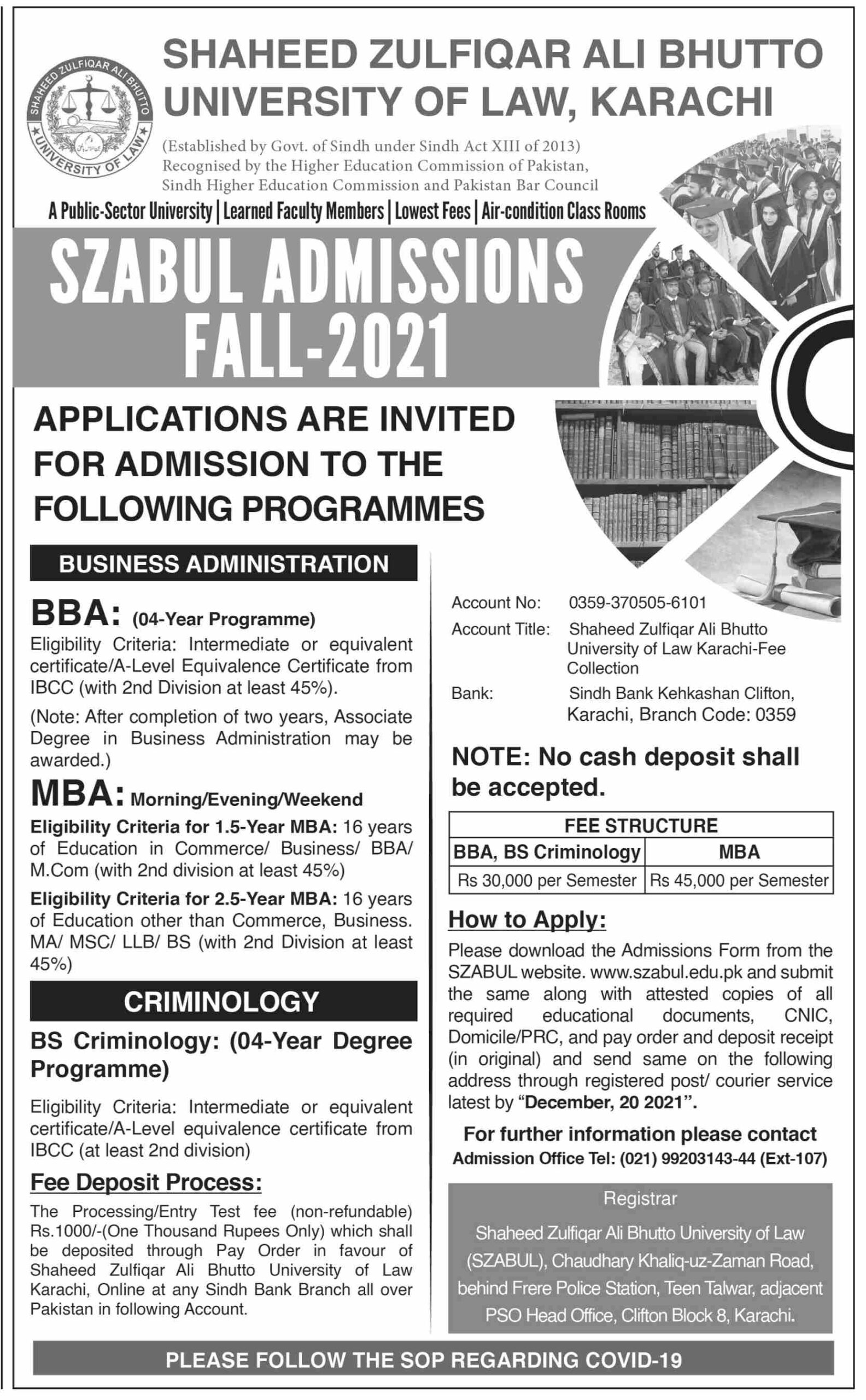 SZABUL Karachi MBA BBA BS Admissions Fall 2021