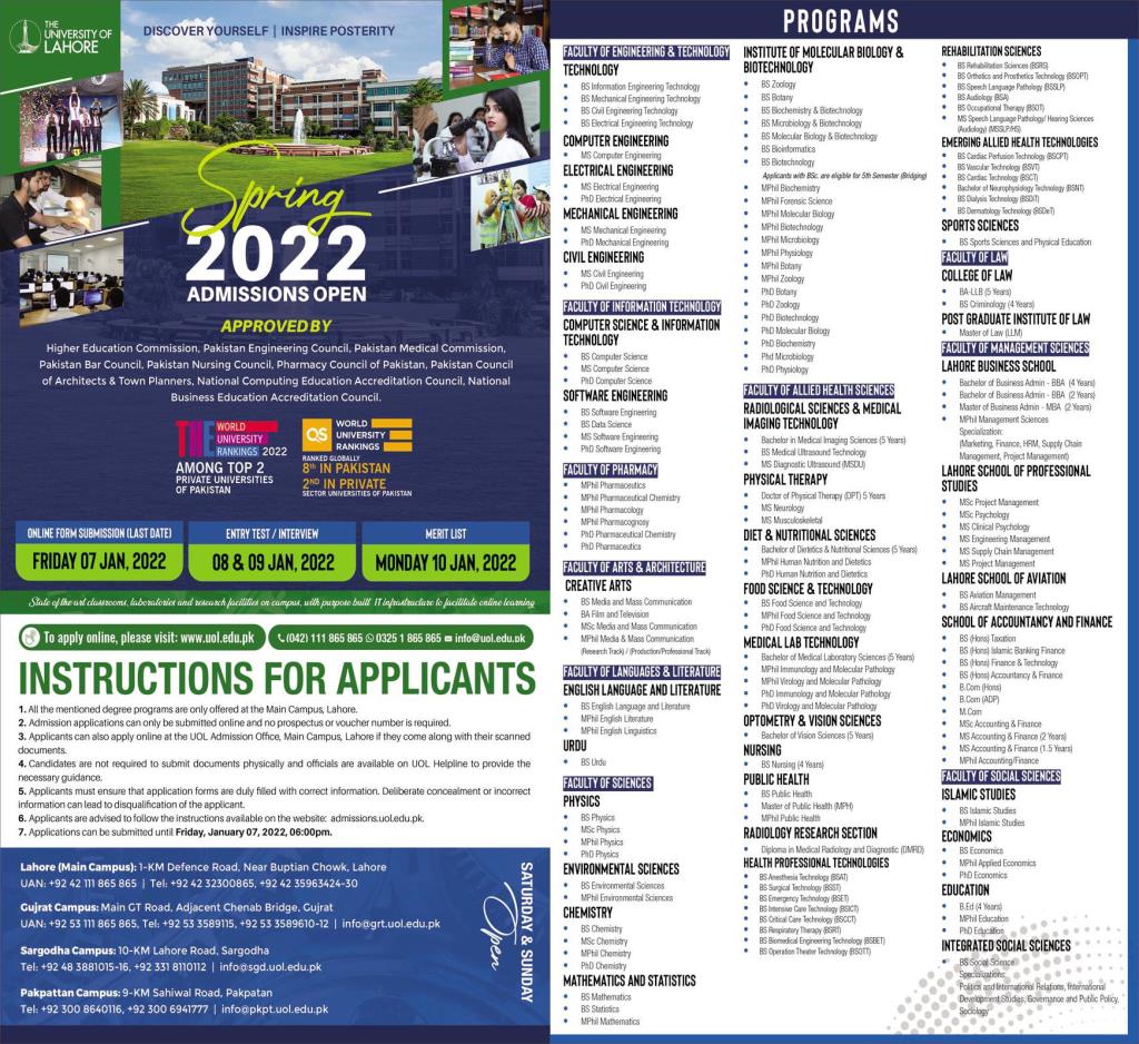 The Uni of Lahore Isb Postgraduate Admissions Spring 2022