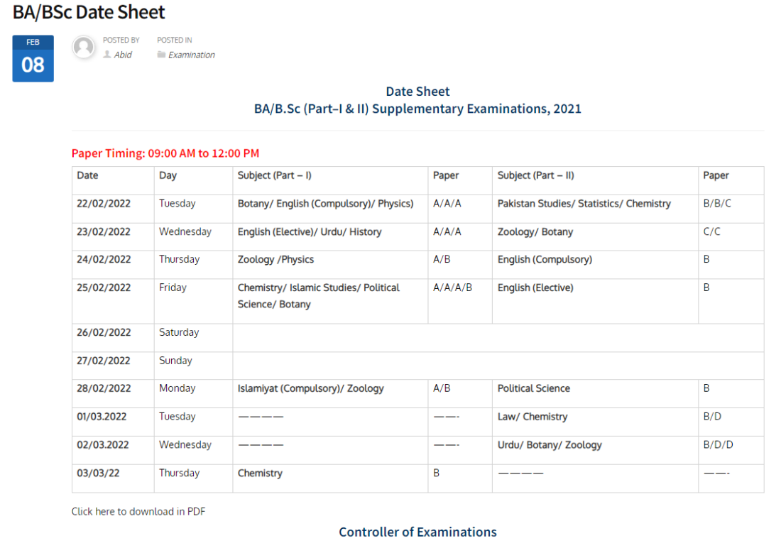 KKKUK BA & BSc Supply Exams 2021 Datesheet 2022 Education to Pakistan